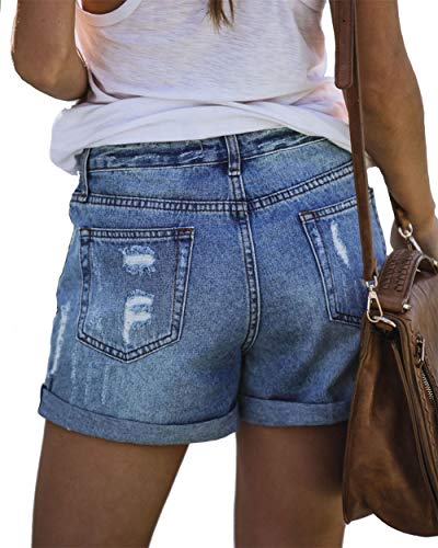 Angerella Women's Ripped Denim Shorts Five Buttons Closure Fashion Loose Fit Blue Summer Shorts M #TOP2
