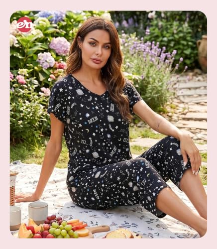 Image of ENJOYNIGHT Womens Pajama Sets Cotton Pj Set Short Sleeve Top With Capri Pants Sleepwear 2 Piece Lounge Set