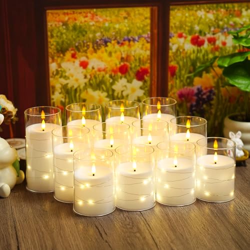 Image of kakoya Flameless LED Candles with Timer 12 Pc Flickering Flameless Candles for Romantic Ambiance and Home Decoration Stable Acrylic Shell,with Embedded Star String,Battery Operated Candles(White)