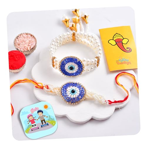 Image of CraftVatika Designer Rakhi Set for Brother and Bhabhi, Premium Evil Eye Rakhi for Bhaiya Bhabhi Set of 2, Evil Eye Rakhi Bracelet Lumba for Bhabhi With Fridge Magnet Gift for Men Women, Greeting Card, Tilak Set, Magnet for Home Decor