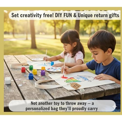 Image of (Pack of 10)- DIY Eco-Friendly Canvas Tote Bags for Kids- Pre-Outlined Designs for Painting | Perfect Return Gift for Kids Birthday Party | Reusable Cotton Bags (Includes Paint and Brush- Design 1)