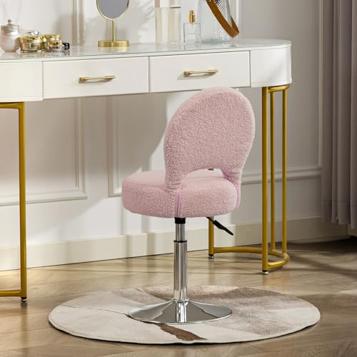 Image of Adjustable Small Vanity Stool Chair with Folding Back for Teenager | 360 Swivel Vanity Chair for Makeup | Teddy Fabric Ottoman Stool for Bedroom Living Room | Small | Pink