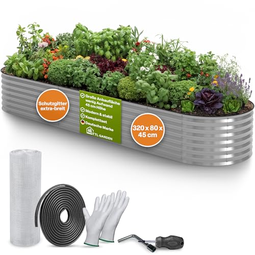TTL GARDEN 320x80x45cm Spirit XL Metall Hochbeet Silber - Stahl rostfrei verzinkt Wellblech ovale Form sehr groß stabil & wetterfest Garten Beet für Gemüse Kräuter Blumen Gartenbeet Gemüsebeet
