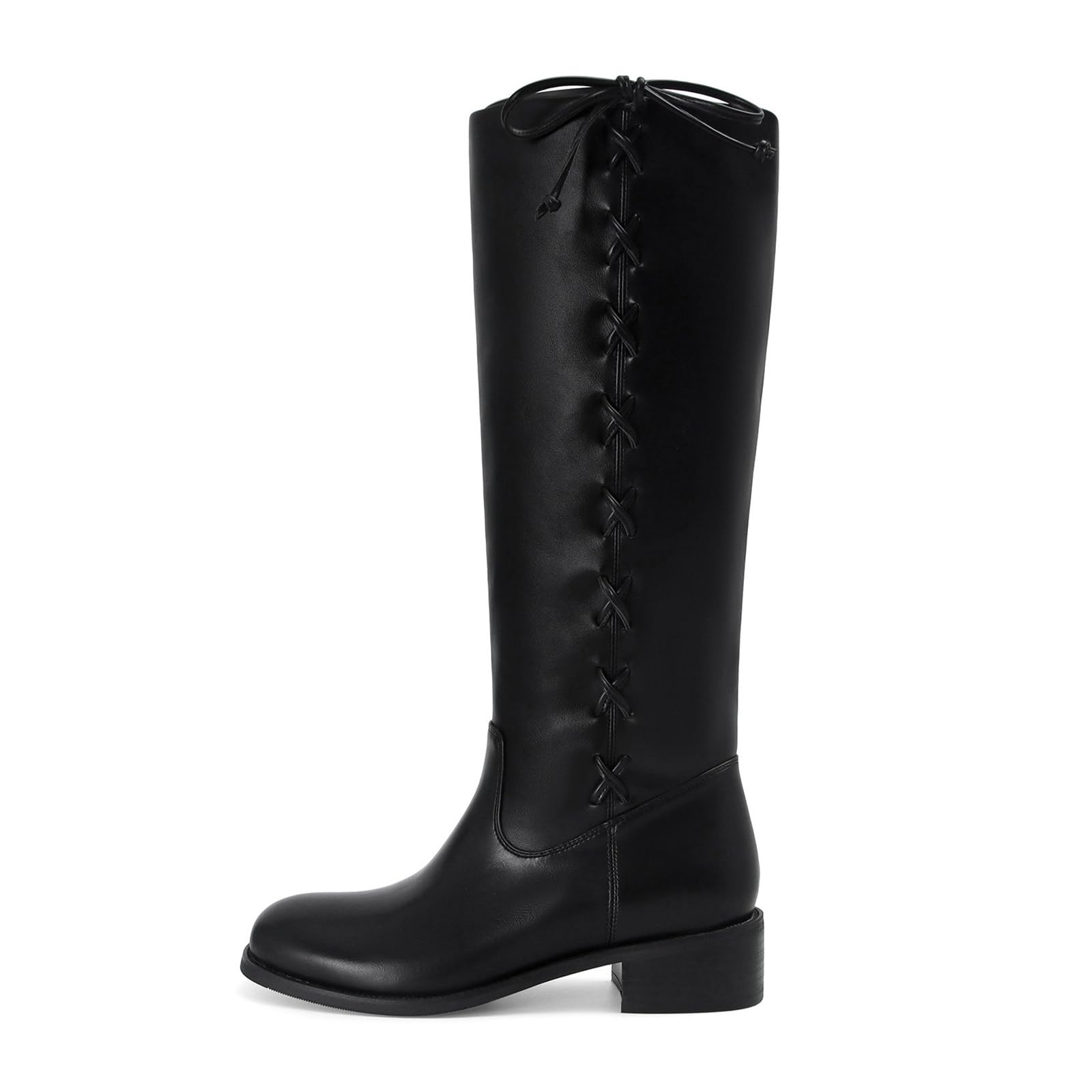 MICIFA Knee High Boots for Women Fashion Side-Lace Leather Campus Riding Tall Boots Round Toe Chunky Heel Wide