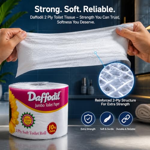 Image of DAFFODIL 2 Ply Toilet Tissue Roll - 1 Roll (1200 Sheets) | Ultra Soft, Strong & Absorbent Bathroom Tissue Paper | Long Lasting Toilet Roll for Home, Office & Commercial Use