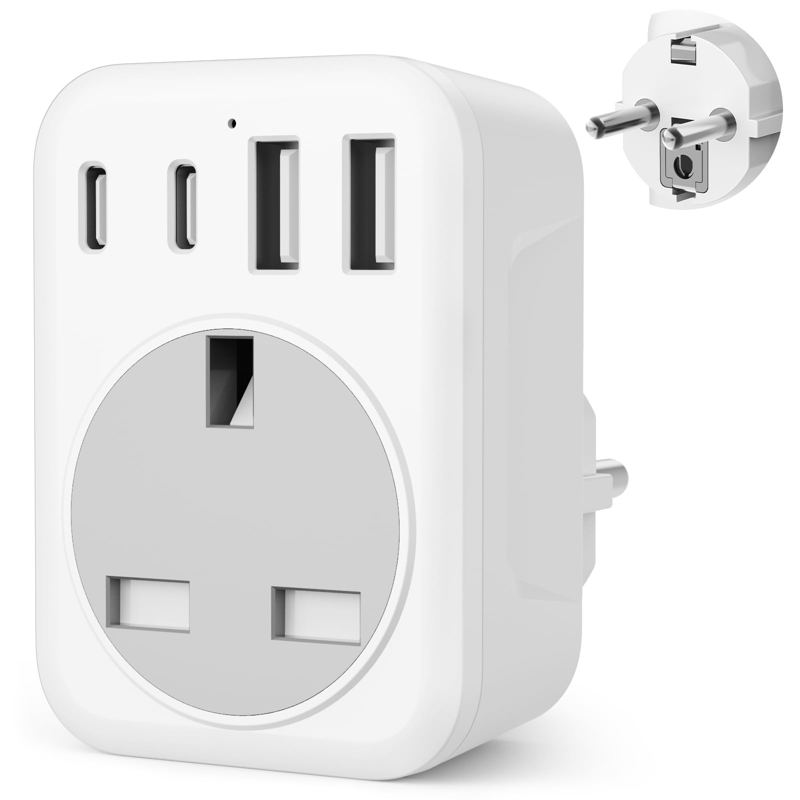 UK To European Plug Adapter,5 IN 1 European Travel Adaptor with 2 USB C & 2 USB A,Grounded EU Plug Adapter for Germany Spain France Turkey Greece etc (Type E/F)