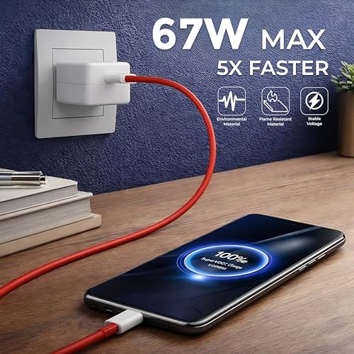 Image of MAK Original 67W SuperVOOC Fast Charging USB Adapter with USB to Type-C Cable (Red) Compatible with OnePlus 11R, OnePlus Nord 3, Reno 10 Pro, Realme GT Series Smartphones.