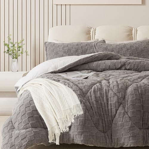 ELNIDO QUEEN® Fluffy Comforter Set Twin, Grey Winter Fleece Comforter