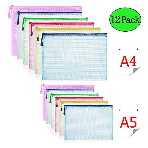 Bolsa Archivo Cremallera, Bolsas de Archivo, 12 Piezas Bolsa de Documentos Plástico de Impermeable, Bolsas de Archivos de Oficina Viaje de Tarea Escolar Bolsa Cremallera 6 Colores