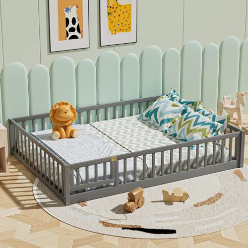 Queen Size Floor Platform Bed with Fence-Shaped Guardrails and Door, Solid Wood Platform Bed Frame with 7 Slats Support Montessori Bed Frame for Boys Girls Bedroom Playroom No Box Spring Needed, Gray
