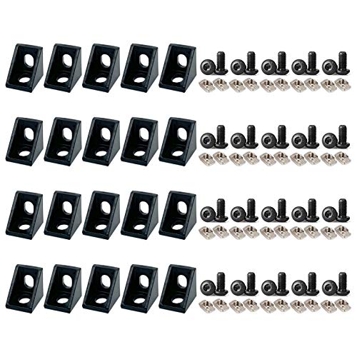Image of 20 Sets 2020 Aluminum Extrusion T Slot Corner Bracket 20 Series Extruded Hardware 90 Degree Right Angle Connector with M5 Bolts Nuts for 20 /20 80 20 2040 T V Slot Black Aluminum Profile