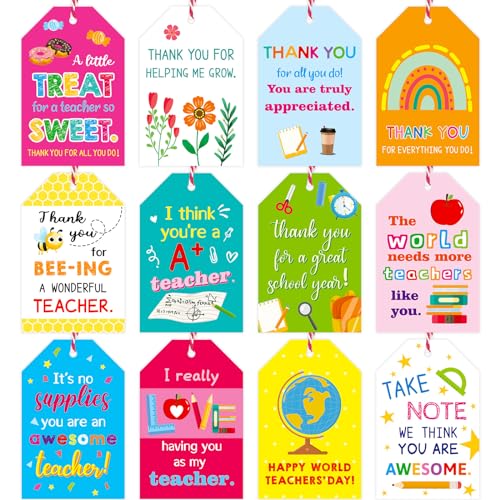 Thank You Teachers Tags with String 60Pcs Gifts Hanging Tag Labels for Teachers Appreciation Week Wrapping Boxes Bags