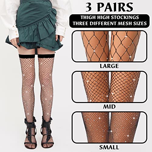 BBTO 3 Pairs Rhinestone Fishnets Women Thigh High Stockings Sexy Elastic Fishnet Stockings Mesh Socks Pantyhose4