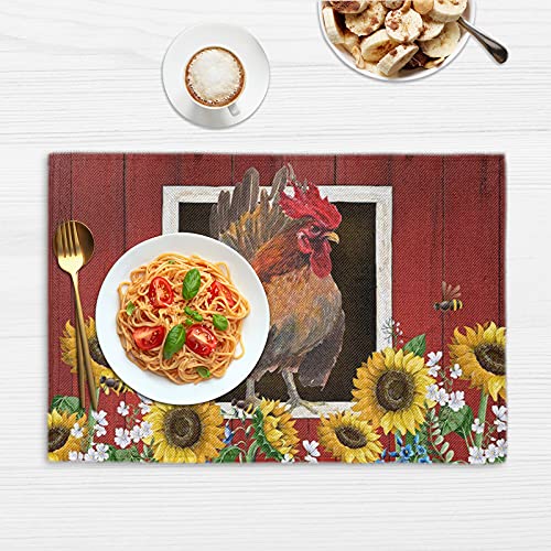 Watercolor Red Barn Placemat Set Of 6, Rooster And Sunflowers Heart Heat-Resistant Washable Table Place Mats For Kitchen Dining Table Decoration #TOP3