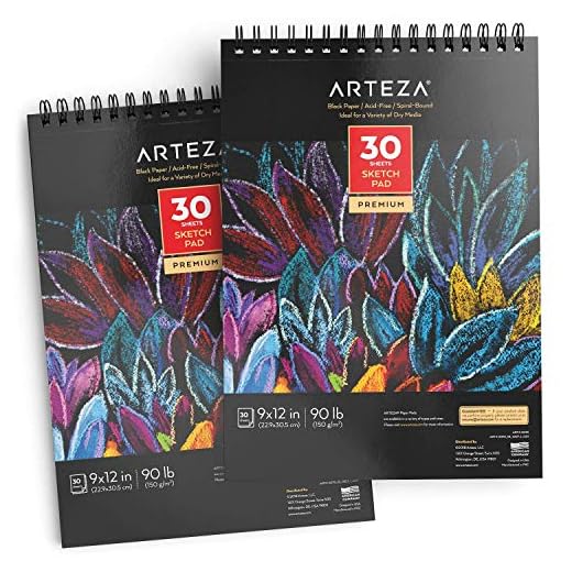ARTEZA Bloc de dibujo de papel negro | 22,9x30,5 cm | 150 gsm | Set de 2 | 60 hojas negras x 2 | Encuadernación en espiral | Para usar con lápices de colores, pastel, óleo, gel, tiza y tinta