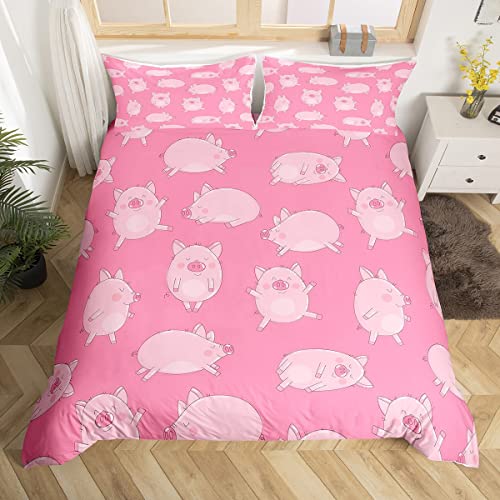 Loussiesd Girls Pink Pigs Comforter Cover Cartoon Pig Bedding Set Kawaii Pig Duvet Cover for Children Kids Boys Microfiber 3D Animals Bedspread Cover King Size