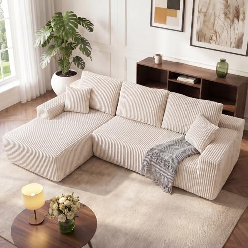 HOMRELEXA 267cm Ecksofa mit Schlaffunktion, Corduroy Boneless Couch, Modulares Schlafsofa L Form, 75cm Sitztiefe, Sofa 3 Sitzer mit Chaiselongue, Montagefrei Wohnlandschaft, Beige