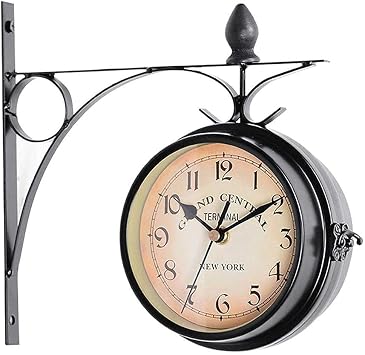 Wall Clock, Garden Clocks Outdoor Waterproof, Wrought Iron Vintage Decorative Double-Sided Outdoor Clocks for The Garden Wall Mounted Battery Powered Metal Hanger Outside Clock Coffee Bar Roun A