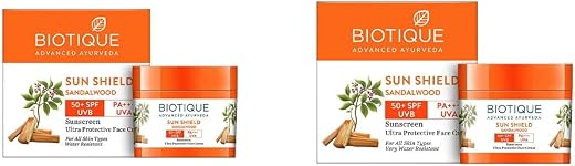 Biotique Bio Sandalwood Sunscreen Ultra Soothing Face Lotion, SPF 50+, 50ml and Biotique Bio Sandalwood Face &amp; Body Sun Cr...