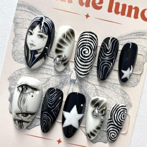 Black White Y2k Press on Nails Medium Almond -Gothic Punk Cartoon Anime False Nails with Hand-Painted Girl Eyes Spiral Star Rhinestone Design Spooky Fake Acrylic Nails for Women 24Pcs Nail Kit