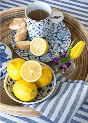 Image of Cotton Mercerised Dining Table Napkins, Set of 4, Solid Plain Colour, Heavy Weight,More Than 2 cm Mitered Hem,Washable at 40C (Blue Stripe, 45 X 45 Cms)