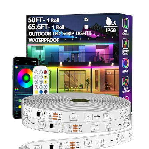 15m RGB+IC LED Streifen,Außenbereich IP68 Wasserdicht,Steuerung mit App/Fernbedienung,Bluetooth Musik Sync Seillicht für...