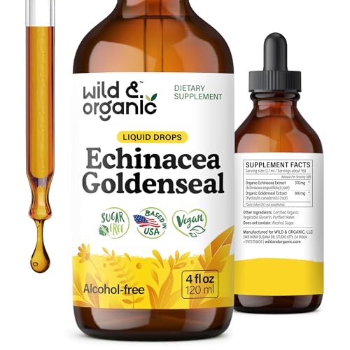 Wild & Organic Echinacea Goldenseal Tincture - Immune Support Drops with Echinacea and Goldenseal Root Extract - Vegan Sugar & Alcohol-Free Liquid Supplement - 4 fl oz