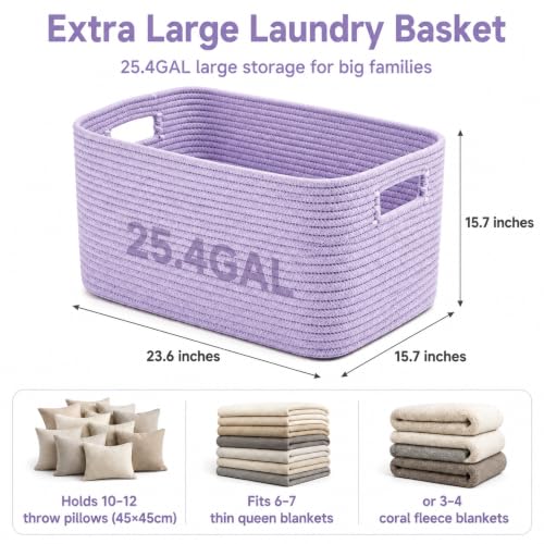 Image of 25.4GAL Collapsible Cotton Rope Extra Large Storage Basket For Bedroom Closet, Boho Rectangular Big Short Hamper Woven Storage Baskets for Living Room Throw Pillows Blankets Dirty Clothes, Lavender