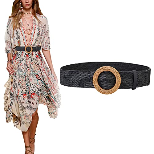 2 Pieces Women Straw Woven Elastic Stretch Waist Belt for Flowy Fashion Skinny Dresses with Braided Wooden Buckle4