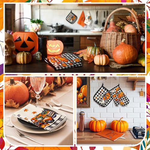 10 Pcs Fall Pumpkin Oven Mitts Pot Holders Floor Mat and Kitchen Towel Sets Thanksgiving Absorbent Kitchen Towels Fall Placemats Pumpkin Pot Holders Oven Mitt for Cooking Baking Grilling - Image 3