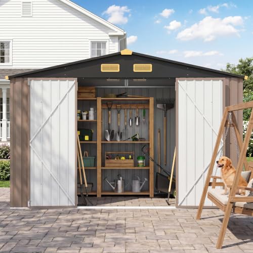 Image of IRONCK Storage Shed, 9.7 x 7.7 FT Tool Shed with Lockable Doors, Brown