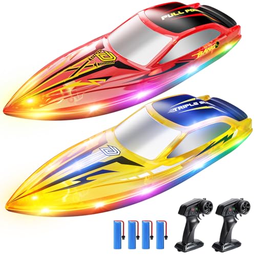 DEERC 2-Pack RC Boats for Kids, Fast Remote Control Boat with 4×1200mAh Batteries, 120 Min Runtime, 7 LED Lights Mode, Capsize Recovery, 2.4GHz Racing, Pool & Lake Toy