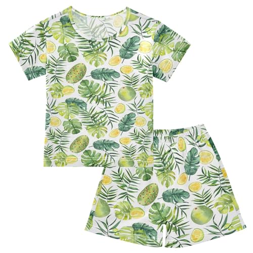 ALAZA Watercolor Green Cactus Palm Leaves Pajamas Short Sleeve 2 Piece Sleepwear Top and Bottom Pajama Set Unisex
