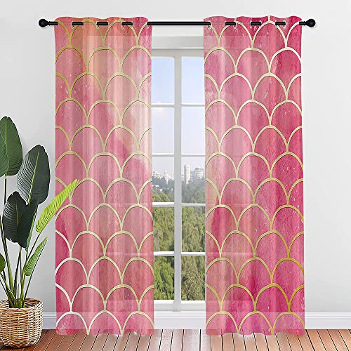 Surwin Translucidas Cortinas Salon, Dormitorio, Cocina - Cortinas y Visillos Estampadas de Escamas, Visillos Cortos para Ventanas, 2 Piezas Cortina con Ojales (140x244cm,Rojo)