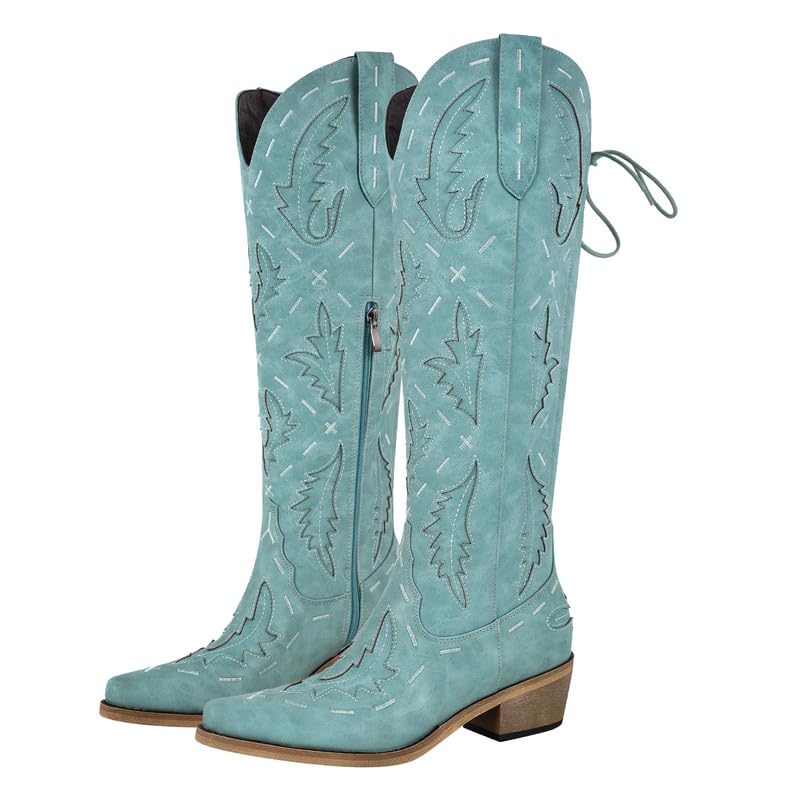 MissHeel Wide Calf Knee High Cowboy Boots for Women Lace Up Adjustable Cowgirl Boots3