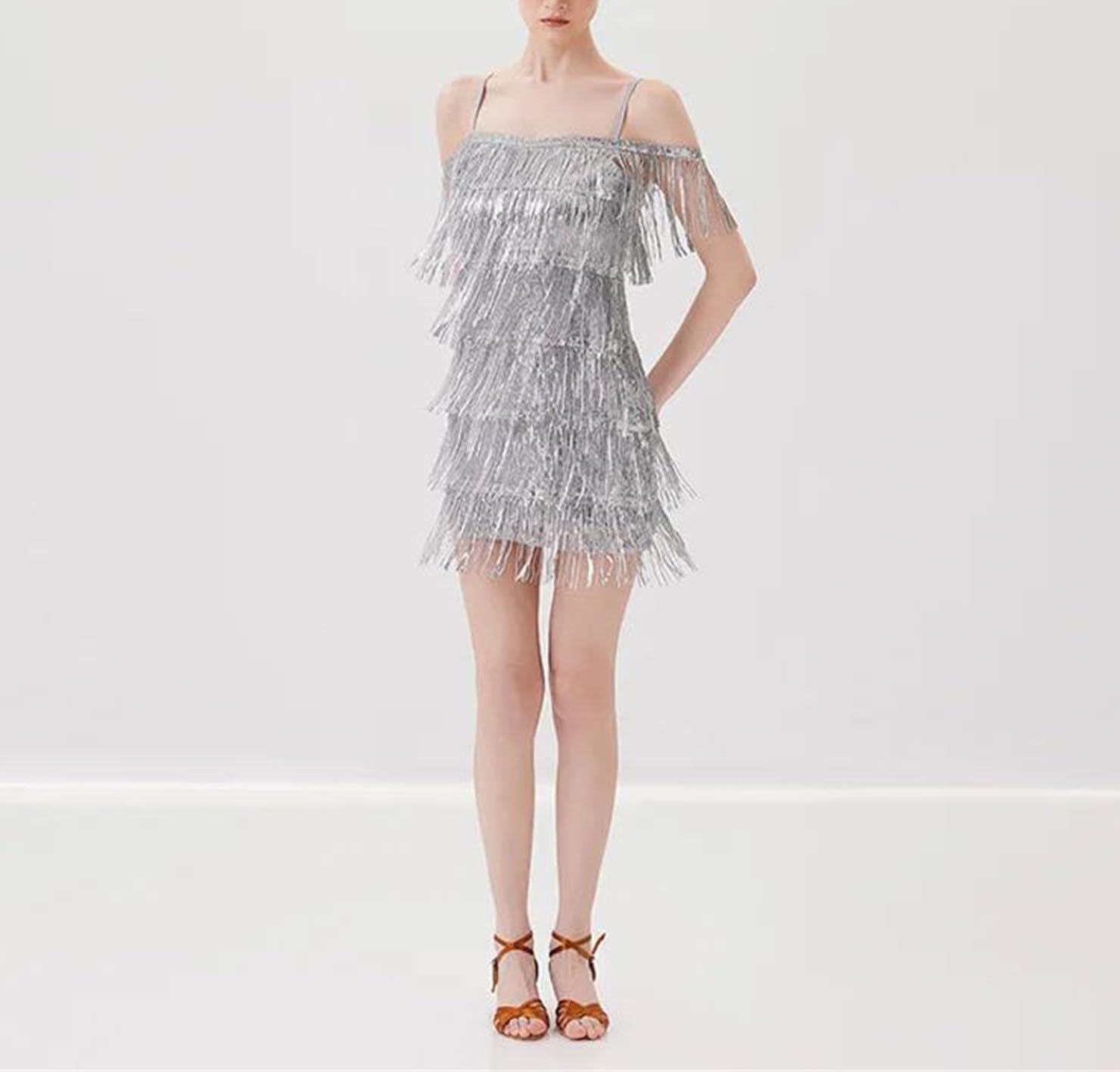 Women Latin Dance Practice Outfit Spring Sequin Tassel Backless Dress Adult Party Ball Training Wear