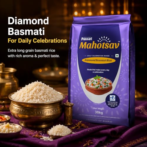 Image of Mahotsav Diamond Basmati Rice by Pansari 30 Kg- Whole Grain, Gluten-Free, Nutty Flavor - Perfect for Biryani, Pulao, Khichdi & Daily Meals