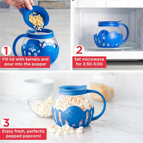 Ecolution Patented Micro-Pop Microwave Popcorn Popper with Temperature Safe Glass, 3-in-1 Lid Measures Kernels and Melts Butter, Made Without BPA, Dishwasher Safe, 1.5-Quart, Blue