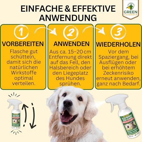 GREEN GUARDIA Flöhe Abwehrspray Power-Konzentrat 500 ml – Pflanzlicher Zecken- & Flohschutz für Hunde – Sprühfertig & sofort wirksam – Ideal für Fell, Liegeplätze & unterwegs – mit ätherischen Ölen