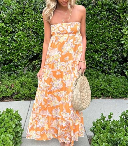 Image of Women Floral Print Maxi Tube Dress Strapless Flowy Long Bandeau Dress Y2K Open Back Sundress Summer Beachwear