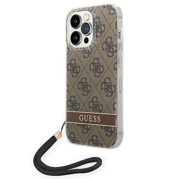 GUESS GUOHCP14XH4STW Coque pour iPhone 14 Pro Max 6,7" Marron/Marron Coque Rigide avec Sangle imprimée 4G