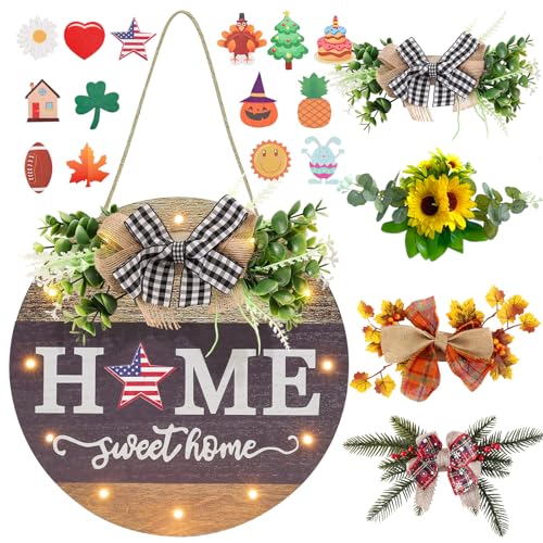 Interchangeable Seasonal Welcome Sign Front Door Decoration with 4 Seasonal Wreaths and LED Light, Rustic Round Wood Wreaths Wall Hanging Outdoor, Farmhouse Front Door Decoration Home Décor