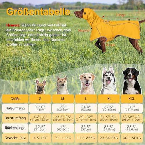 Sugiifamy Regenmantel Hund, Wasserdichter Hunderegenmantel, Einstellbare Regenjacke Hund mit Klettverschluss und Sicheren Reflektierenden Streifen für Kleine Mittelgroße Groß Hunde (Gelb, L)