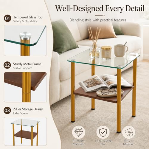 Image of Glass Side Table Set of 2, 16 inch Square End Table with Clear Tempered Glass Top for Small Space, 2-Tier Bedside Table Sofa Couch Table, Nightstands Set of 2 Accent Table for Living Room, Apartment