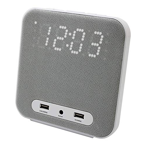 HANNLOMAX HX-145CR Alarm Clock Radio, PLL FM Radio, Digital Clock with Dual Alarm, 2 USB Ports for 2.4A and 1A Charging, Aux-in, AC Power Operation only. (Grey)