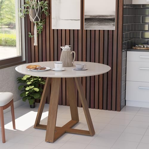 Mesa Jantar Eames Eiffel Redonda 110cm Lívia Base Madeira Maciça - Off White