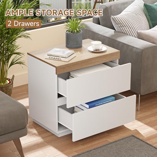 Image of Nightstand Set of 2 with Oak Top, 23.7 inch White Night Stand with 2 Drawers, Modern Bedside Table Wood End Table for Bedroom