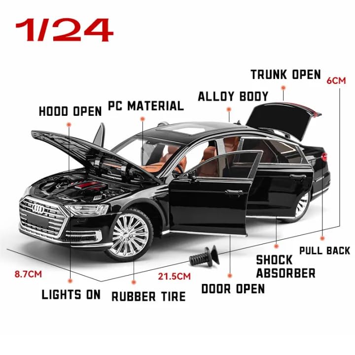 Image of 1 /24 Big Audi A8 Toy Car Metal Pull Back Diecast Car with Openable Door and Sound Light, Gifts Toys for Kids【 Black 】
