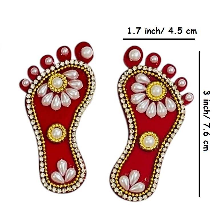 Kriwin 2 Pairs Decorative Laxmi Charan Paduka, Embellished Footprints, Religious Festival Decor (Pearl, 3 inch) 1