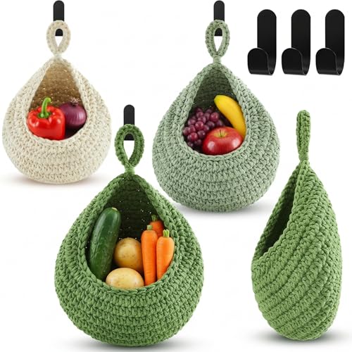 Image of Honeydak 3 Hanging Baskets, Sage Green, Green, White, Teardrop, Cotton Rope